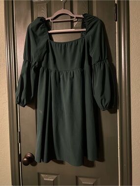 Girls Dark Green Square-Neck Long Sleeve Dress